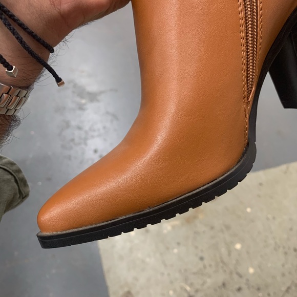 Women’s Pointed Toe Zip Block Heeled Long Boot in Camel Faux Leather - Picture 9 of 12